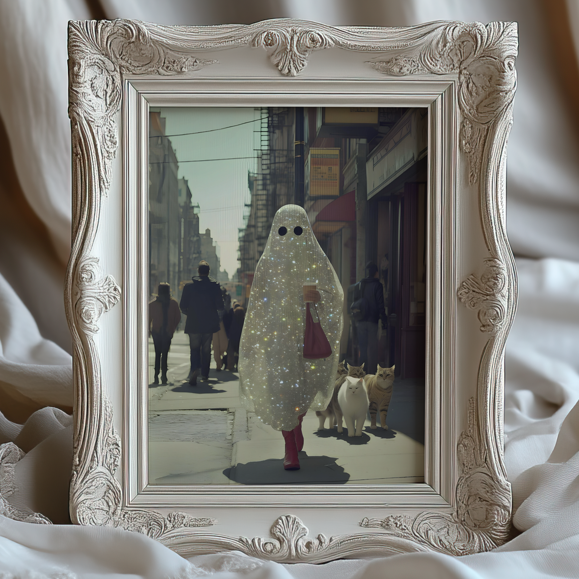 Retro Glitter Ghost and Cats Digital Prints | Spooky Halloween Printable Photography Poster | Maximalist Wall Art for Grunge Decor