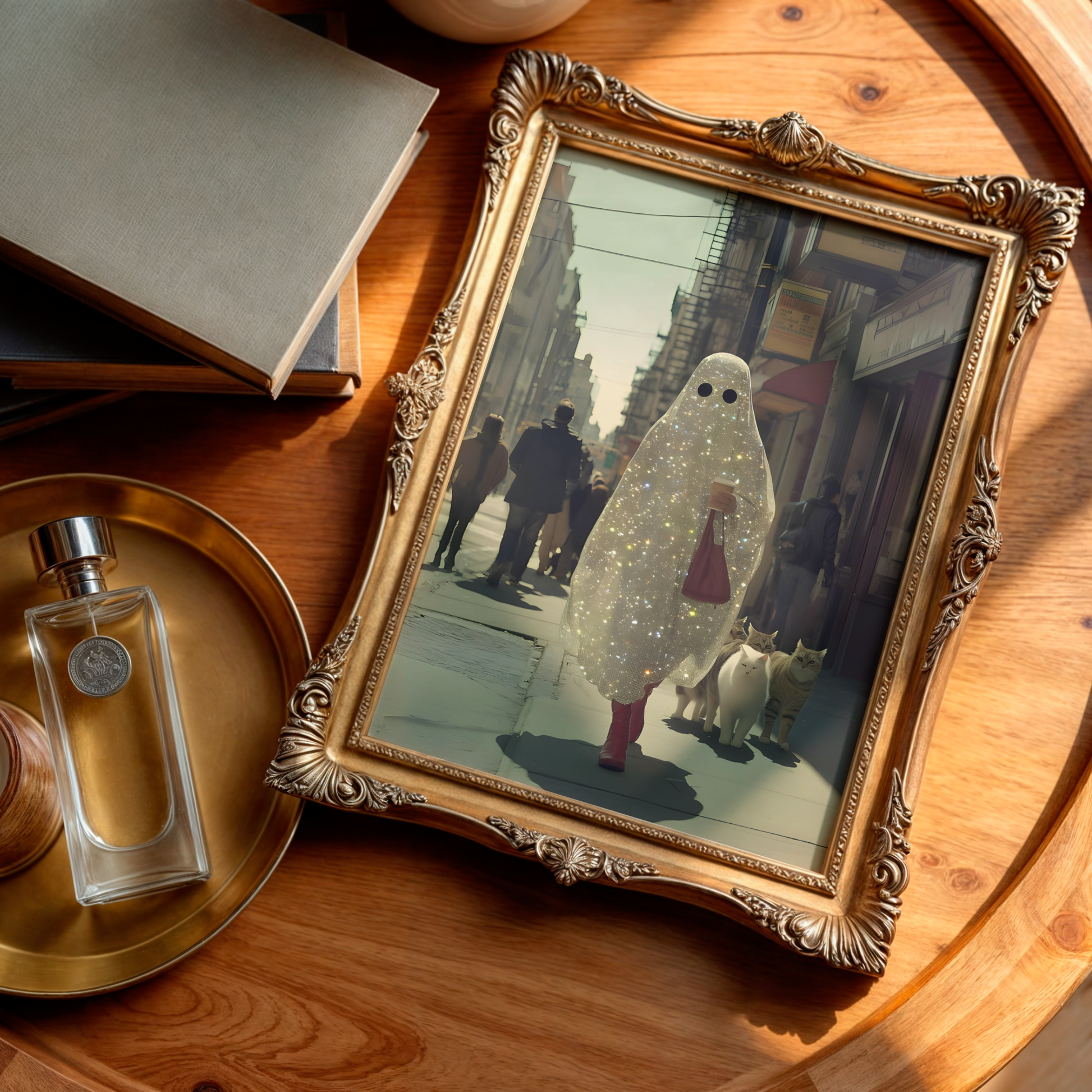 Retro Glitter Ghost and Cats Digital Prints | Spooky Halloween Printable Photography Poster | Maximalist Wall Art for Grunge Decor