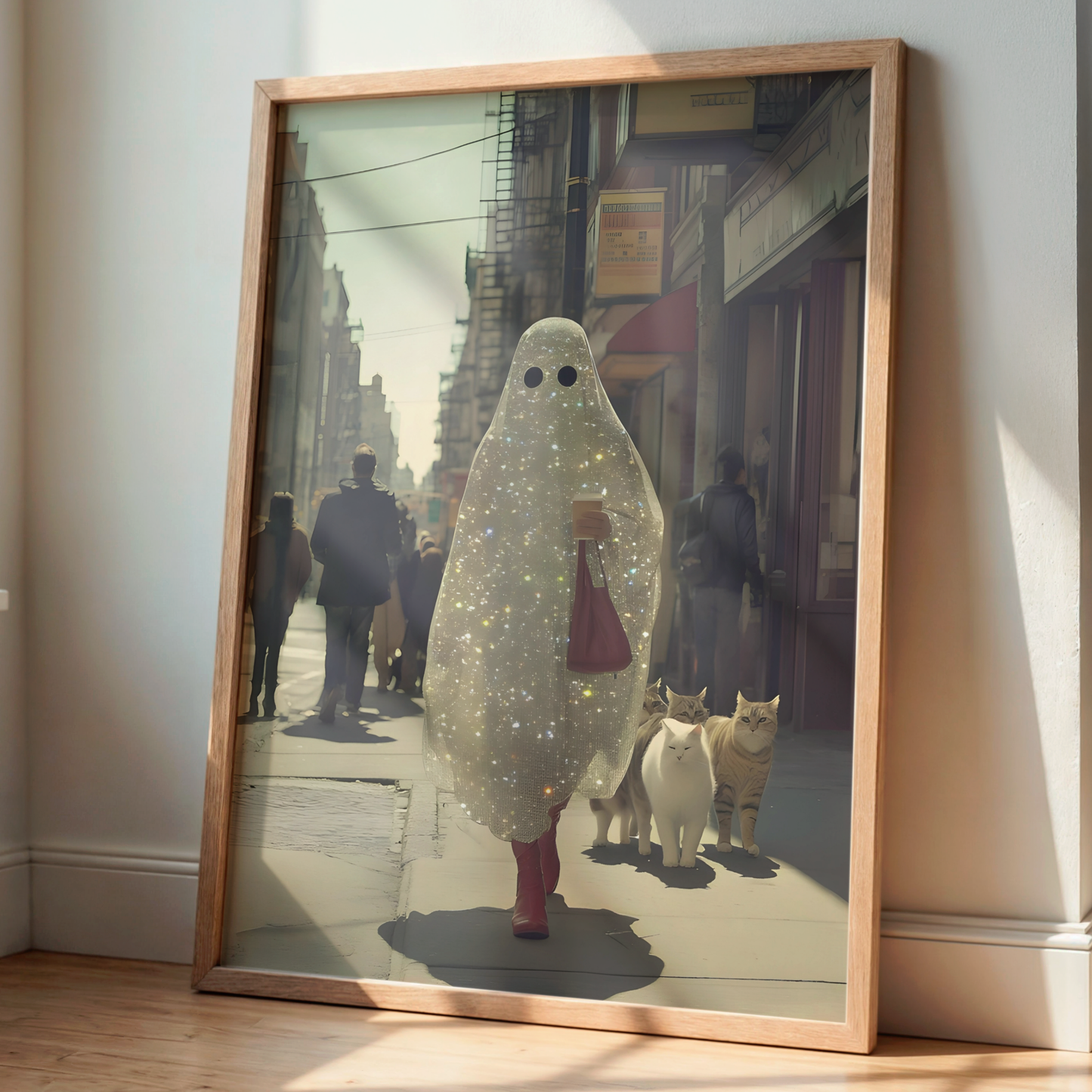 Retro Glitter Ghost and Cats Digital Prints | Spooky Halloween Printable Photography Poster | Maximalist Wall Art for Grunge Decor