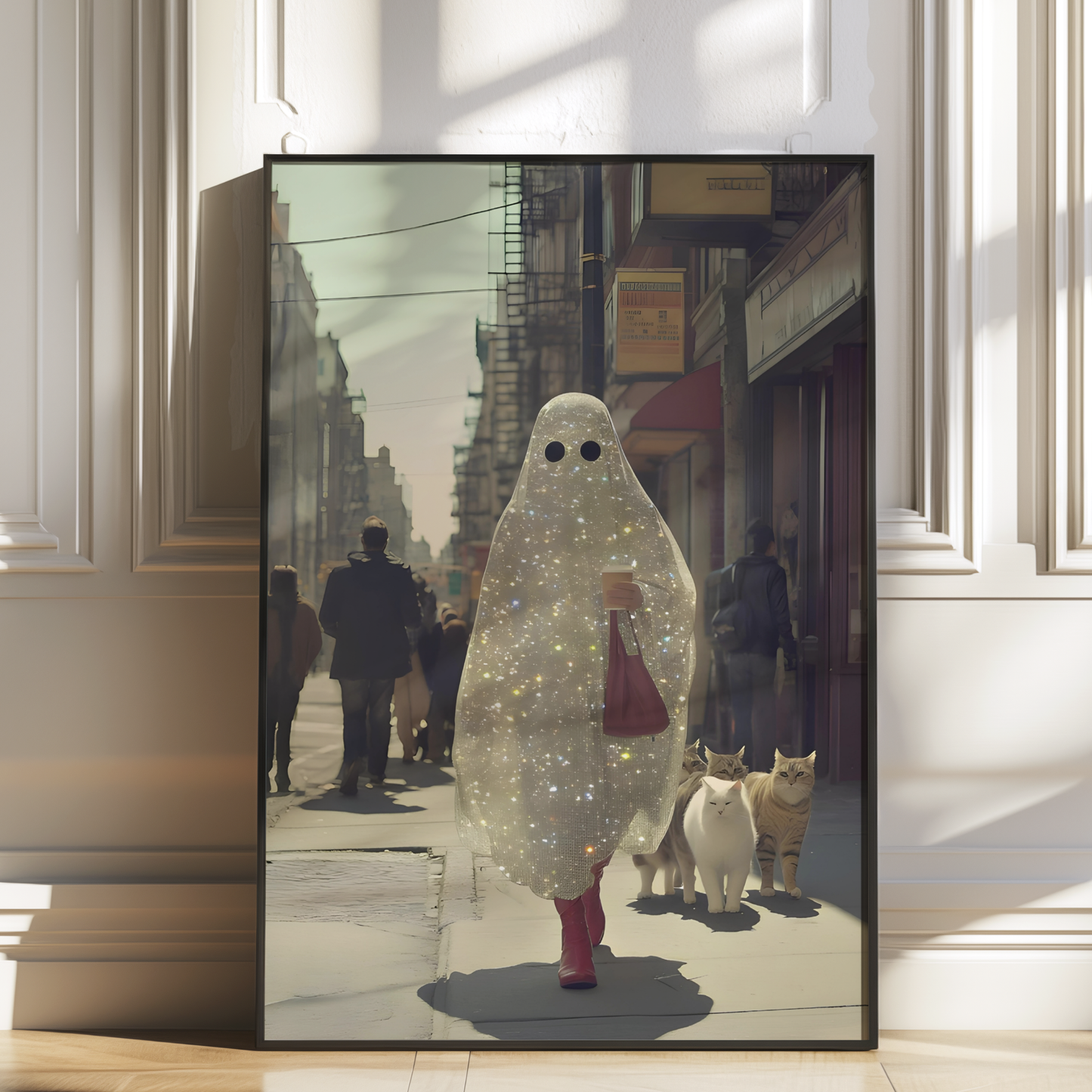 Retro Glitter Ghost and Cats Digital Prints | Spooky Halloween Printable Photography Poster | Maximalist Wall Art for Grunge Decor