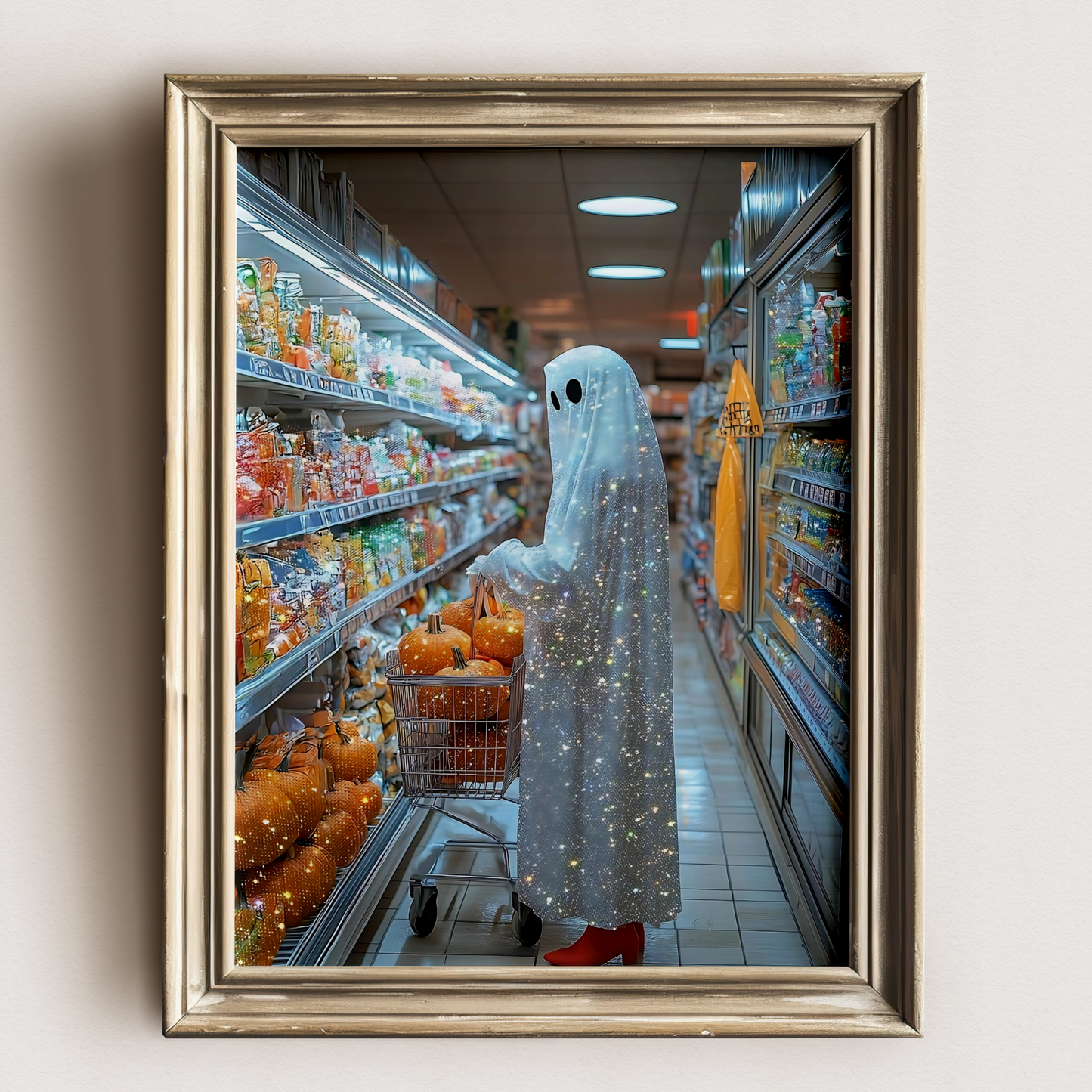 Retro Glitter Ghost and Pumpkin Digital Prints | Spooky Halloween Fall Printable Photography Poster | Maximalist Wall Art for Grunge Decor