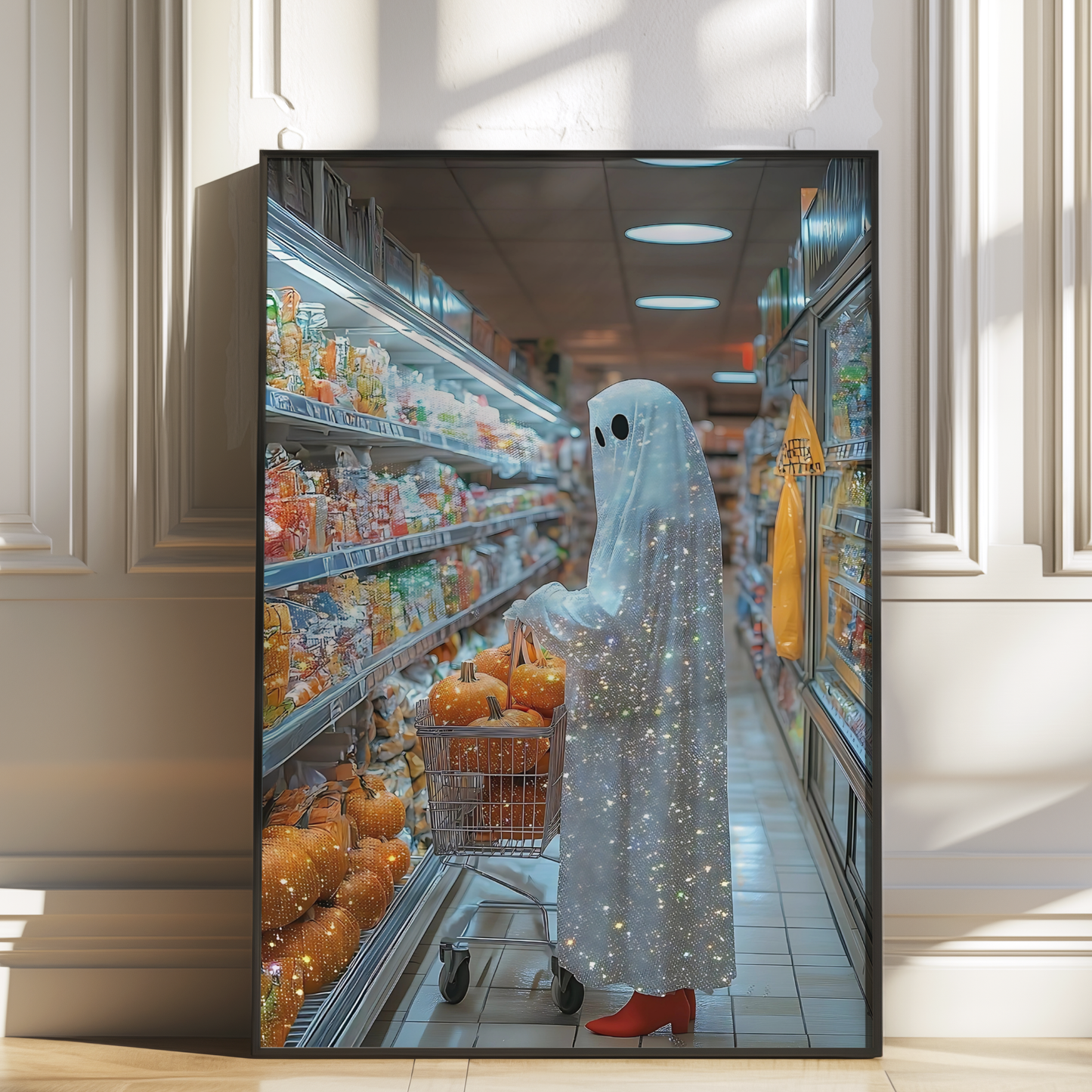 Retro Glitter Ghost and Pumpkin Digital Prints | Spooky Halloween Fall Printable Photography Poster | Maximalist Wall Art for Grunge Decor