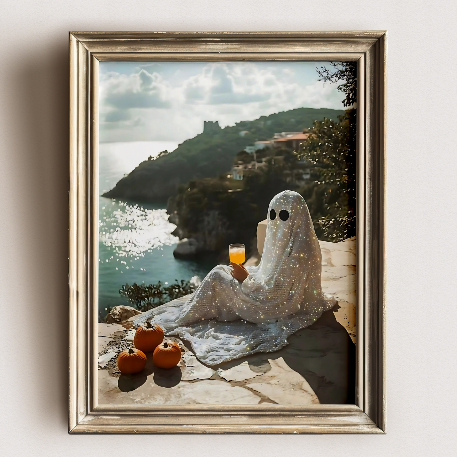 Retro Glitter Ghost and Pumpkin in Amalfi Digital Prints | Spooky Summerween Fall Printable Photography Poster for Halloween Landscape Decor