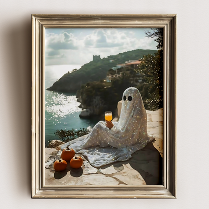 Retro Glitter Ghost and Pumpkin in Amalfi Digital Prints | Spooky Summerween Fall Printable Photography Poster for Halloween Landscape Decor