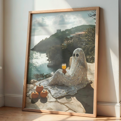 Retro Glitter Ghost and Pumpkin in Amalfi Digital Prints | Spooky Summerween Fall Printable Photography Poster for Halloween Landscape Decor