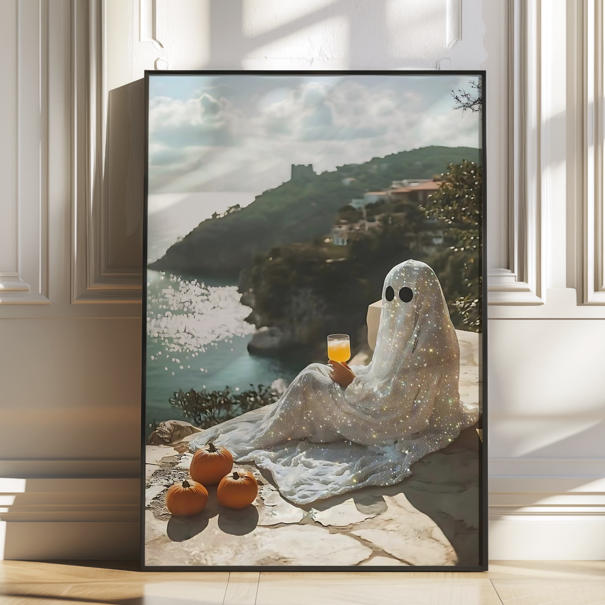 Retro Glitter Ghost and Pumpkin in Amalfi Digital Prints | Spooky Summerween Fall Printable Photography Poster for Halloween Landscape Decor