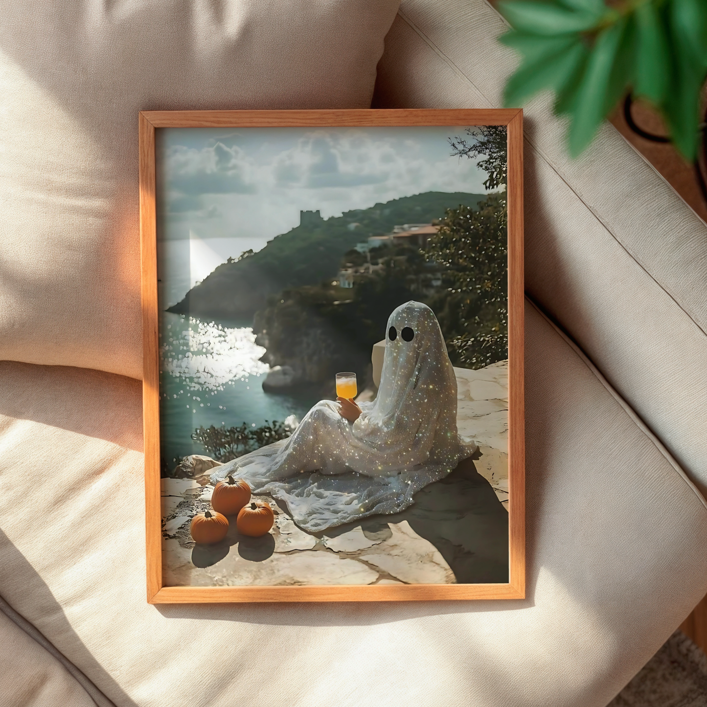 Retro Glitter Ghost and Pumpkin in Amalfi Digital Prints | Spooky Summerween Fall Printable Photography Poster for Halloween Landscape Decor