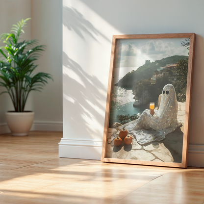 Retro Glitter Ghost and Pumpkin in Amalfi Digital Prints | Spooky Summerween Fall Printable Photography Poster for Halloween Landscape Decor