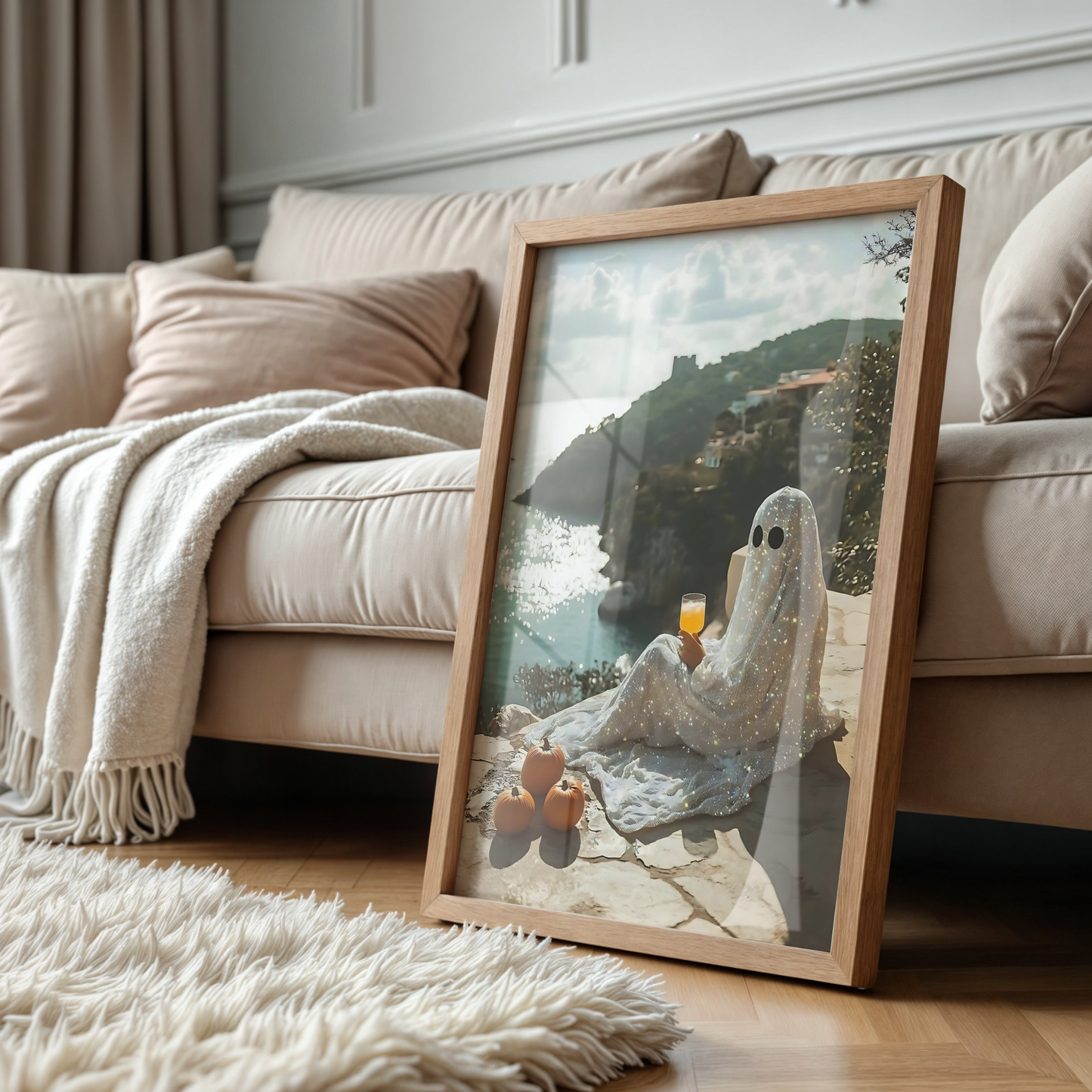 Retro Glitter Ghost and Pumpkin in Amalfi Digital Prints | Spooky Summerween Fall Printable Photography Poster for Halloween Landscape Decor