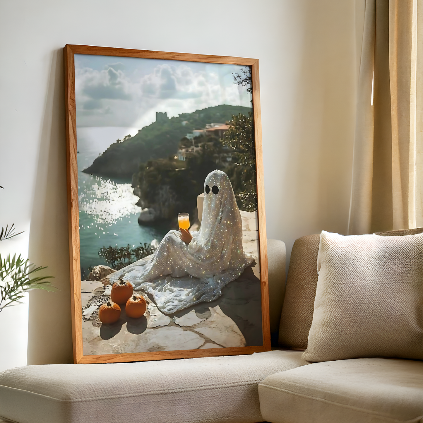Retro Glitter Ghost and Pumpkin in Amalfi Digital Prints | Spooky Summerween Fall Printable Photography Poster for Halloween Landscape Decor