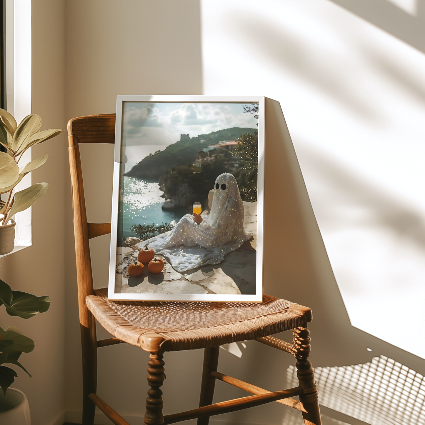 Retro Glitter Ghost and Pumpkin in Amalfi Digital Prints | Spooky Summerween Fall Printable Photography Poster for Halloween Landscape Decor