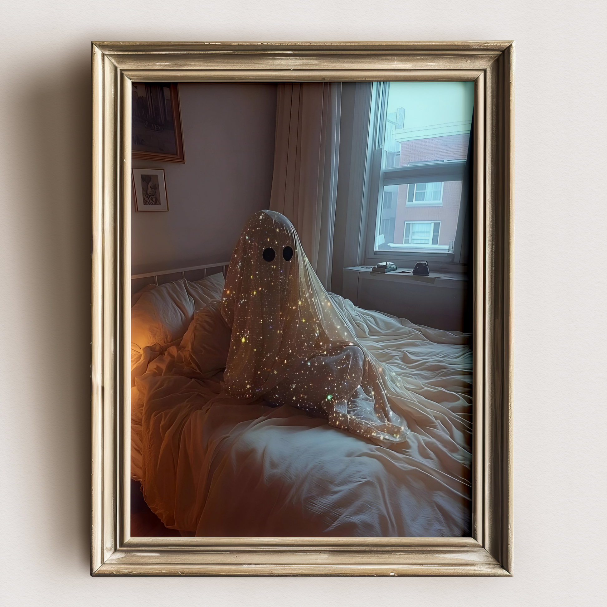 Retro Glitter Ghost in Bed Digital Print | Spooky Halloween Fall Printable Photography Poster | Maximalist Wall Art for Grunge Bedroom Decor