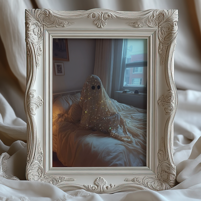 Retro Glitter Ghost in Bed Digital Print | Spooky Halloween Fall Printable Photography Poster | Maximalist Wall Art for Grunge Bedroom Decor