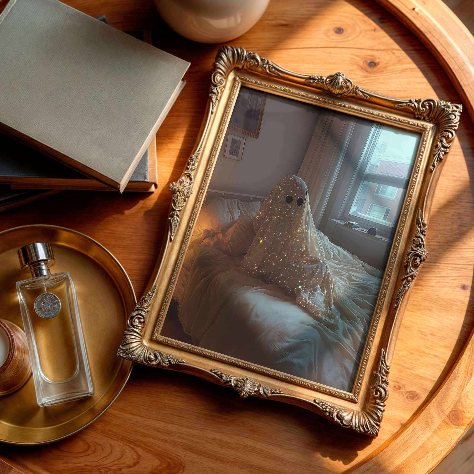 Retro Glitter Ghost in Bed Digital Print | Spooky Halloween Fall Printable Photography Poster | Maximalist Wall Art for Grunge Bedroom Decor