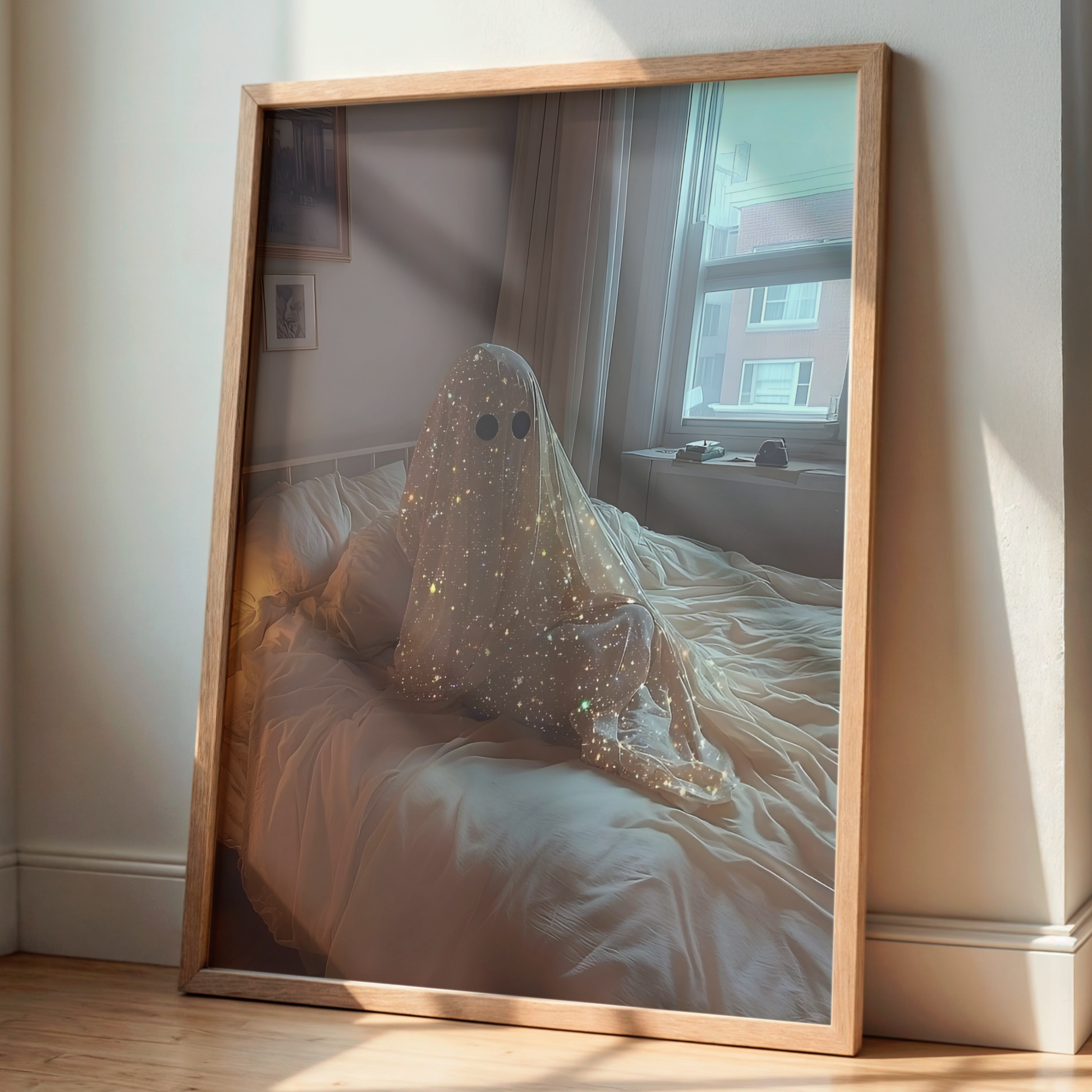 Retro Glitter Ghost in Bed Digital Print | Spooky Halloween Fall Printable Photography Poster | Maximalist Wall Art for Grunge Bedroom Decor