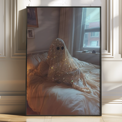 Retro Glitter Ghost in Bed Digital Print | Spooky Halloween Fall Printable Photography Poster | Maximalist Wall Art for Grunge Bedroom Decor