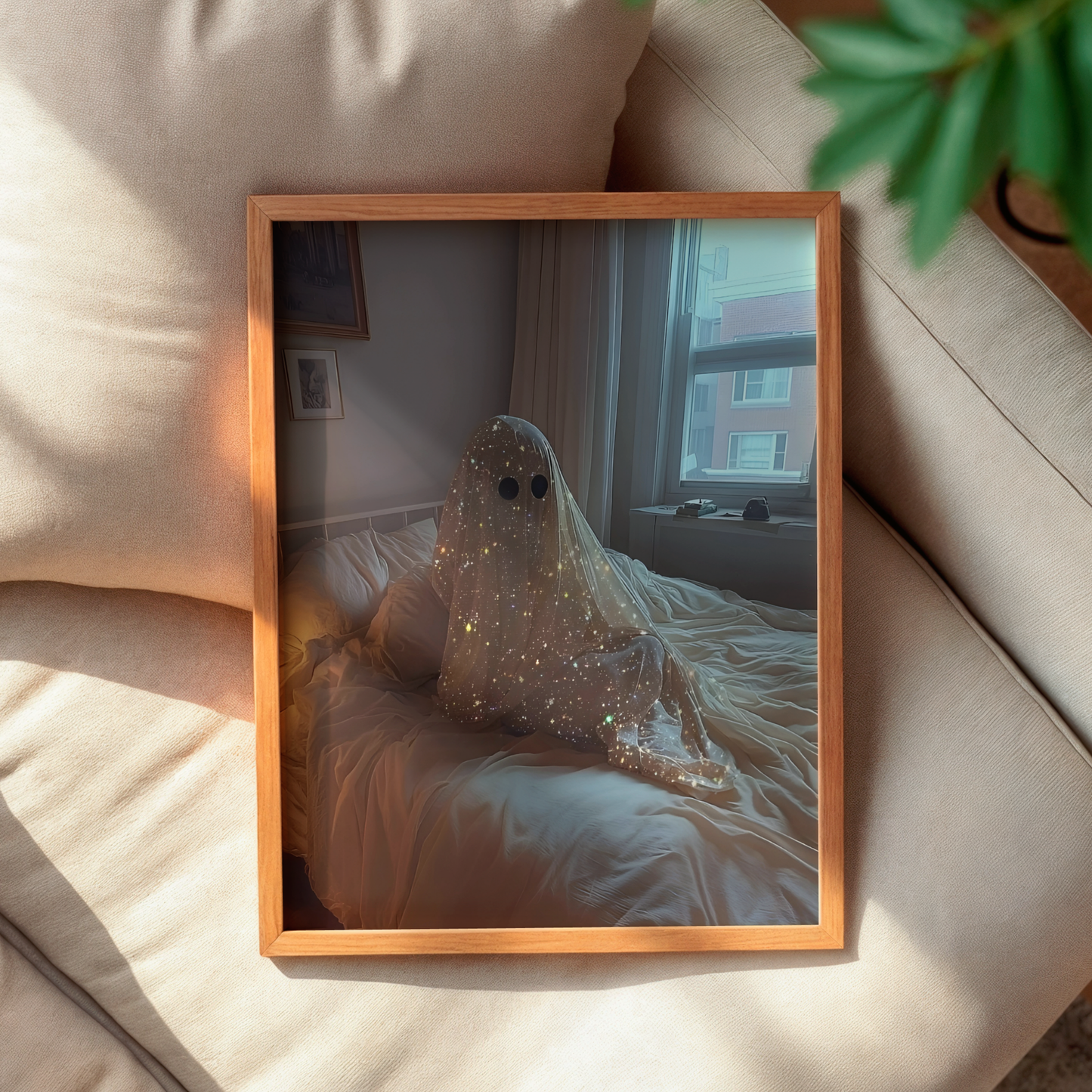 Retro Glitter Ghost in Bed Digital Print | Spooky Halloween Fall Printable Photography Poster | Maximalist Wall Art for Grunge Bedroom Decor