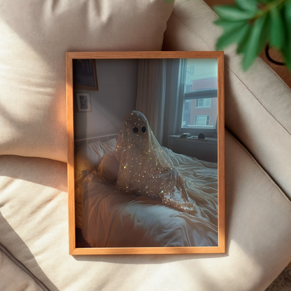Retro Glitter Ghost in Bed Digital Print | Spooky Halloween Fall Printable Photography Poster | Maximalist Wall Art for Grunge Bedroom Decor