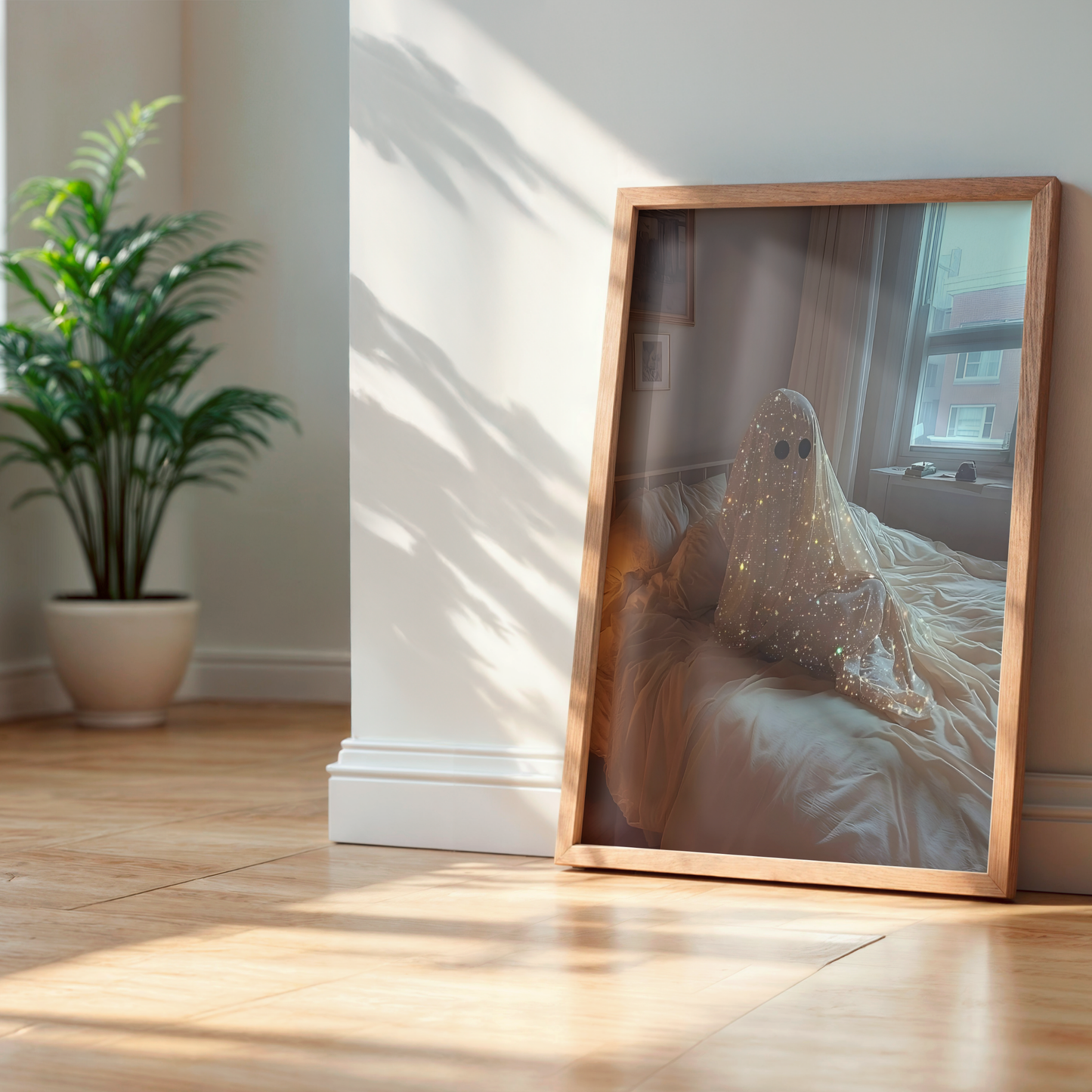 Retro Glitter Ghost in Bed Digital Print | Spooky Halloween Fall Printable Photography Poster | Maximalist Wall Art for Grunge Bedroom Decor