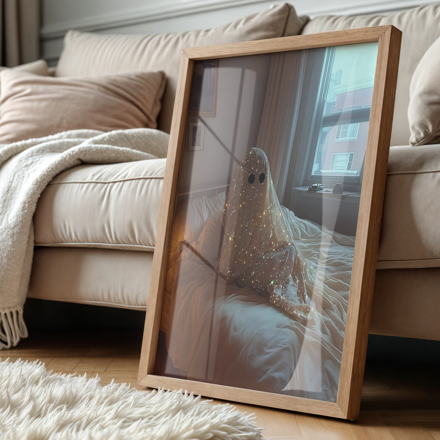 Retro Glitter Ghost in Bed Digital Print | Spooky Halloween Fall Printable Photography Poster | Maximalist Wall Art for Grunge Bedroom Decor