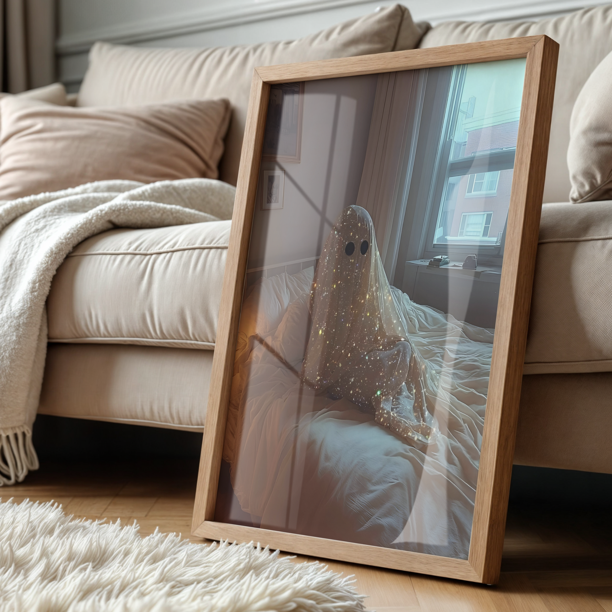 Retro Glitter Ghost in Bed Digital Print | Spooky Halloween Fall Printable Photography Poster | Maximalist Wall Art for Grunge Bedroom Decor