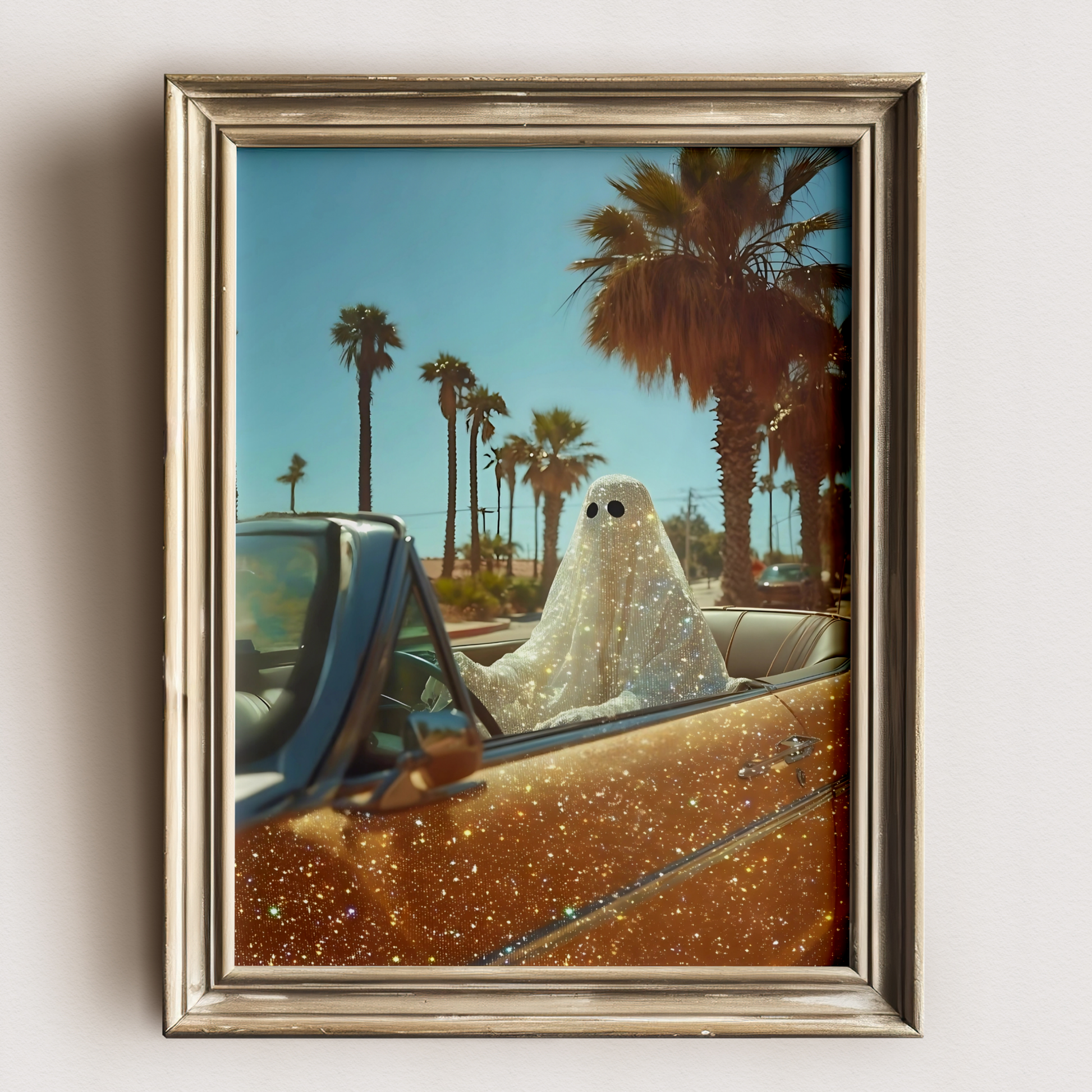 Retro Glitter Ghost in a Orange Car and Palm Trees Digital Print | Spooky Printable Photography Poster | Wall Art for Halloween Decor