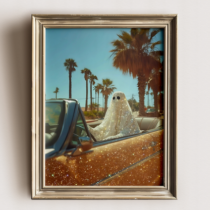 Retro Glitter Ghost in a Orange Car and Palm Trees Digital Print | Spooky Printable Photography Poster | Wall Art for Halloween Decor