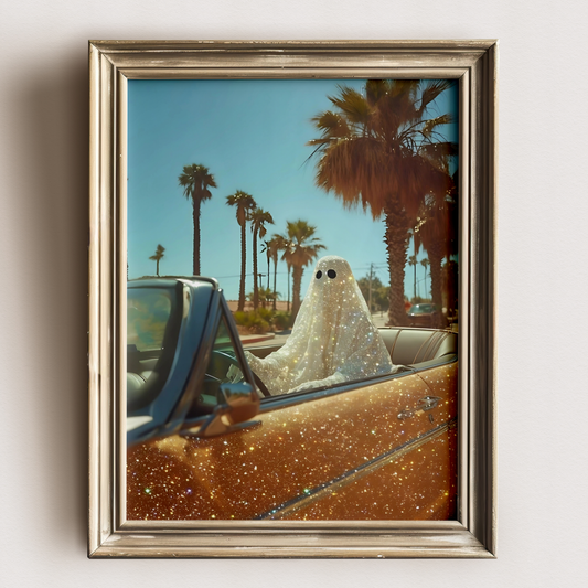 Retro Glitter Ghost in a Orange Car and Palm Trees Digital Print | Spooky Printable Photography Poster | Wall Art for Halloween Decor
