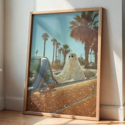 Retro Glitter Ghost in a Orange Car and Palm Trees Digital Print | Spooky Printable Photography Poster | Wall Art for Halloween Decor