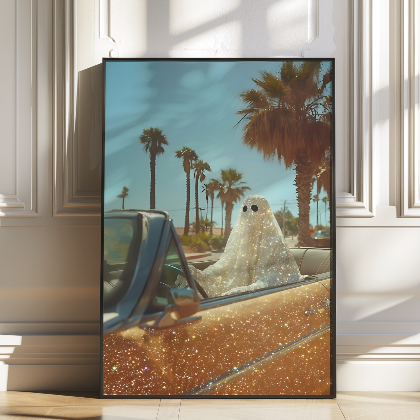 Retro Glitter Ghost in a Orange Car and Palm Trees Digital Print | Spooky Printable Photography Poster | Wall Art for Halloween Decor
