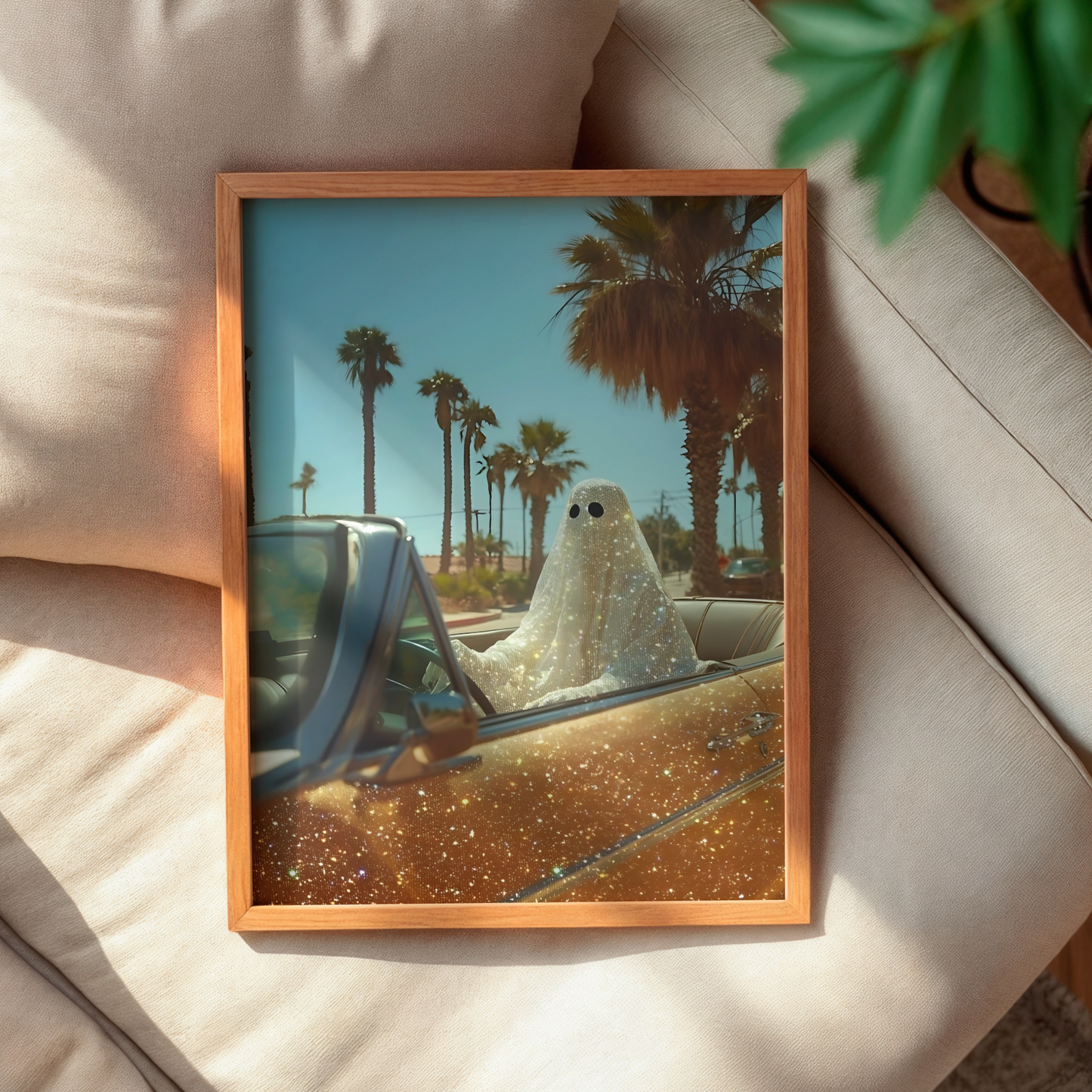Retro Glitter Ghost in a Orange Car and Palm Trees Digital Print | Spooky Printable Photography Poster | Wall Art for Halloween Decor