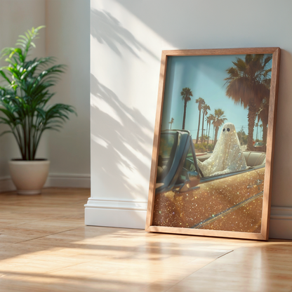 Retro Glitter Ghost in a Orange Car and Palm Trees Digital Print | Spooky Printable Photography Poster | Wall Art for Halloween Decor