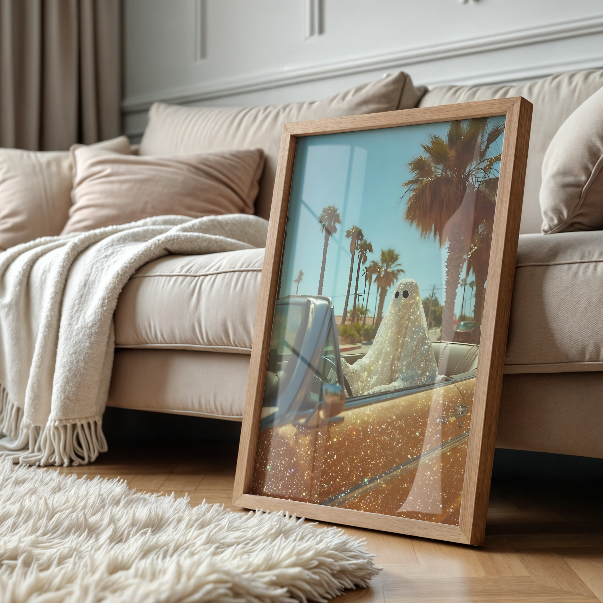 Retro Glitter Ghost in a Orange Car and Palm Trees Digital Print | Spooky Printable Photography Poster | Wall Art for Halloween Decor