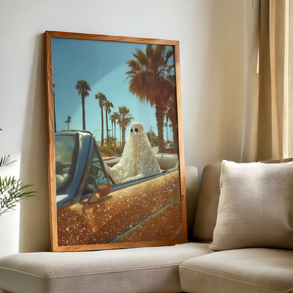 Retro Glitter Ghost in a Orange Car and Palm Trees Digital Print | Spooky Printable Photography Poster | Wall Art for Halloween Decor