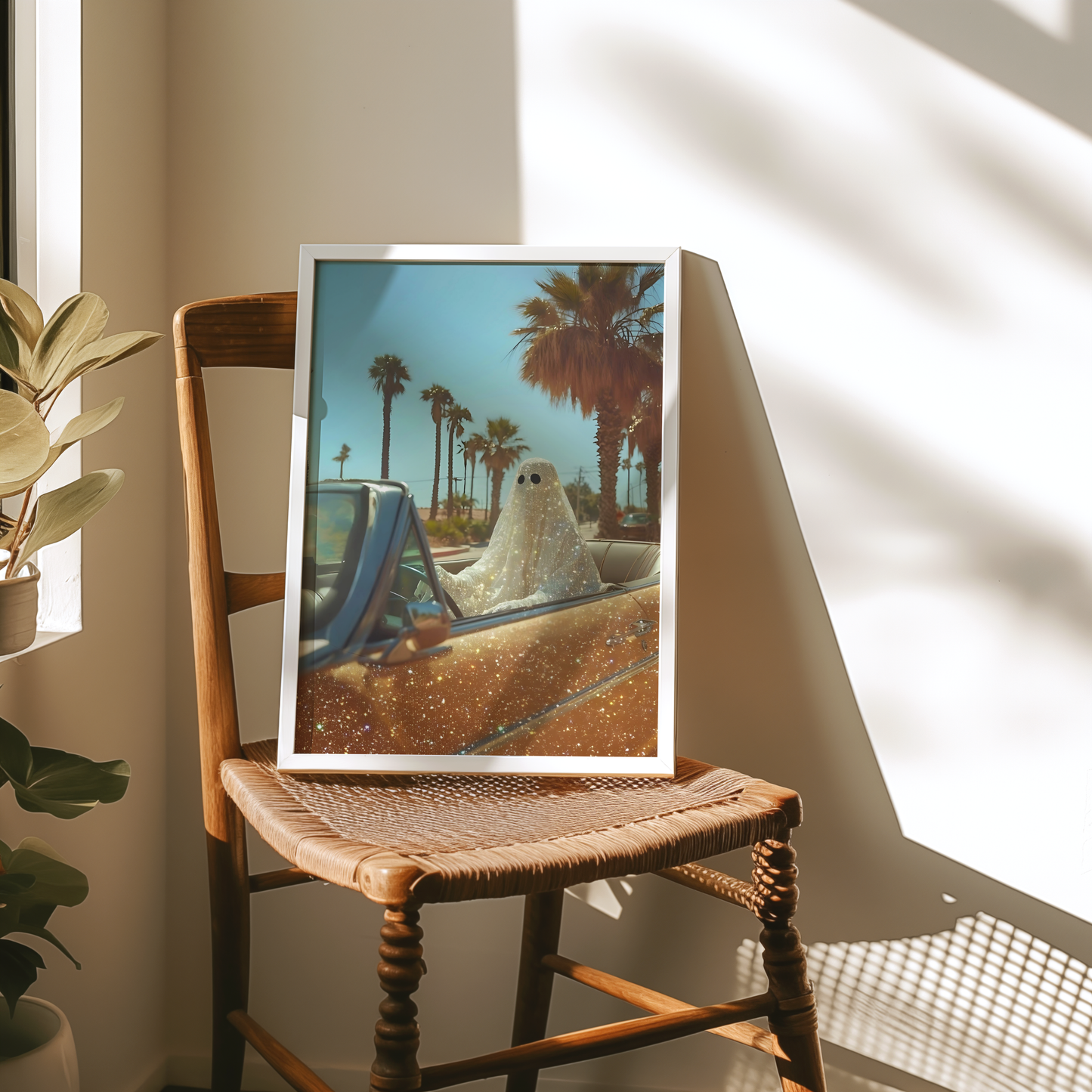 Retro Glitter Ghost in a Orange Car and Palm Trees Digital Print | Spooky Printable Photography Poster | Wall Art for Halloween Decor