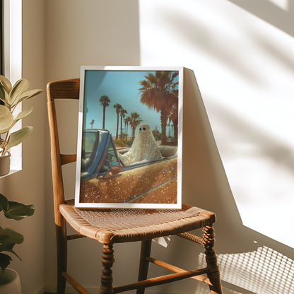 Retro Glitter Ghost in a Orange Car and Palm Trees Digital Print | Spooky Printable Photography Poster | Wall Art for Halloween Decor