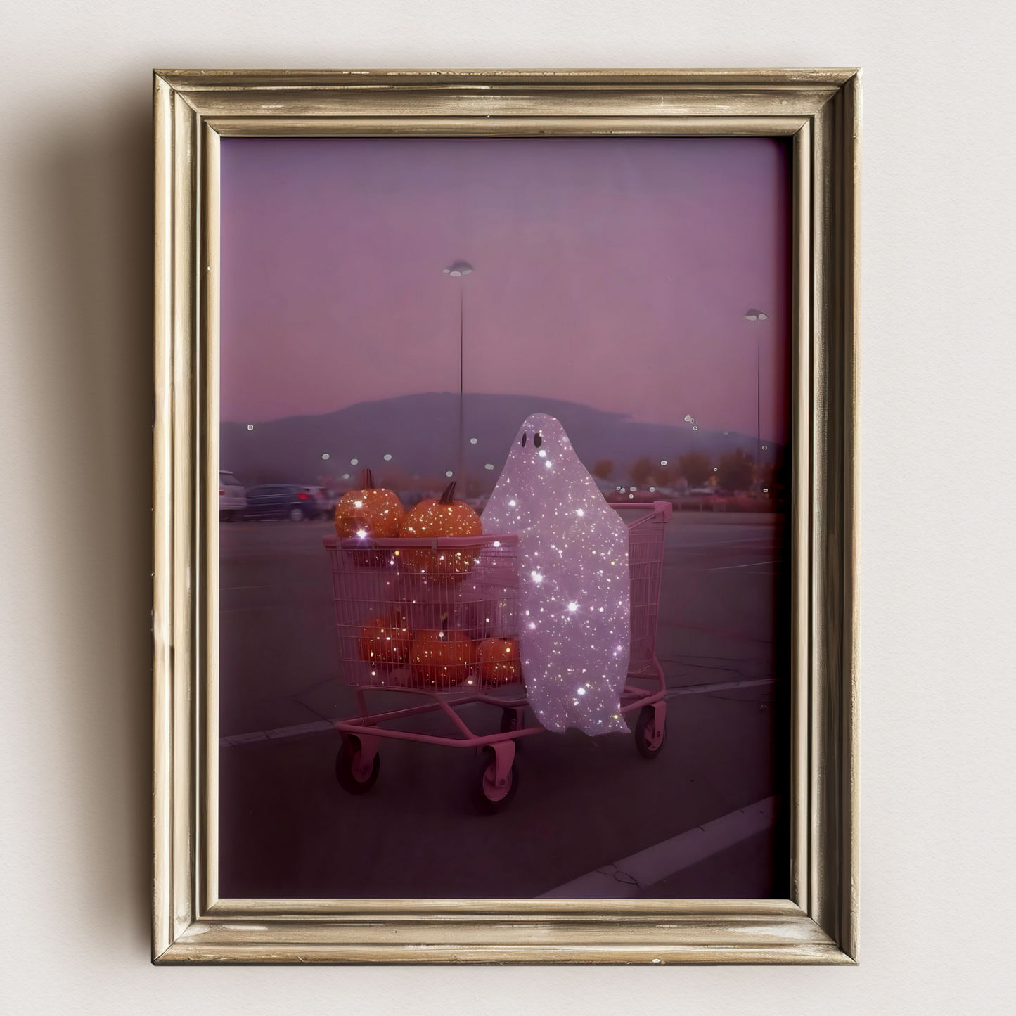 Retro Glitter Pink Ghost and Pumpkin Digital Print | Spooky Printable Photography Poster | Wall Art for Halloween Decor