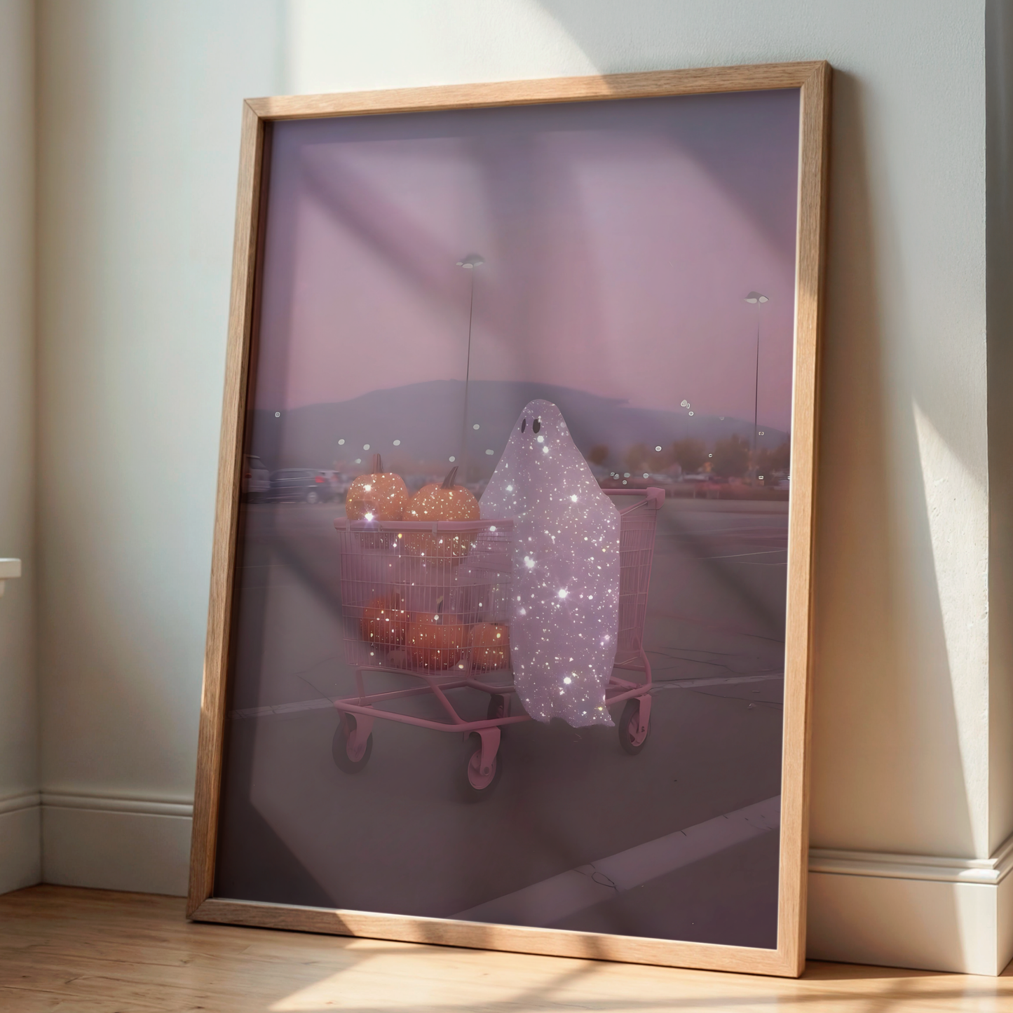 Retro Glitter Pink Ghost and Pumpkin Digital Print | Spooky Printable Photography Poster | Wall Art for Halloween Decor