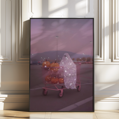 Retro Glitter Pink Ghost and Pumpkin Digital Print | Spooky Printable Photography Poster | Wall Art for Halloween Decor