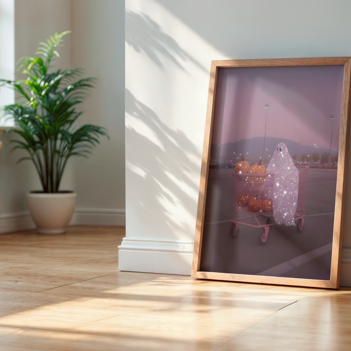 Retro Glitter Pink Ghost and Pumpkin Digital Print | Spooky Printable Photography Poster | Wall Art for Halloween Decor