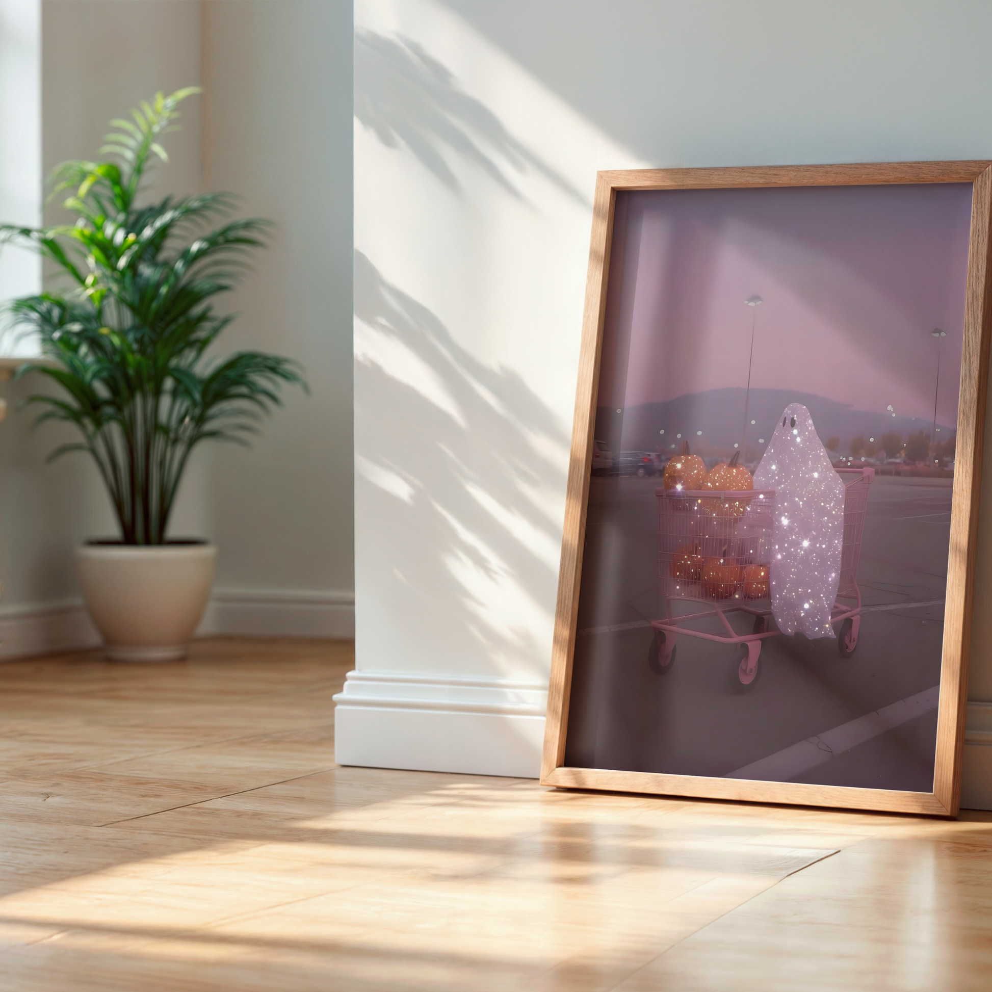 Retro Glitter Pink Ghost and Pumpkin Digital Print | Spooky Printable Photography Poster | Wall Art for Halloween Decor