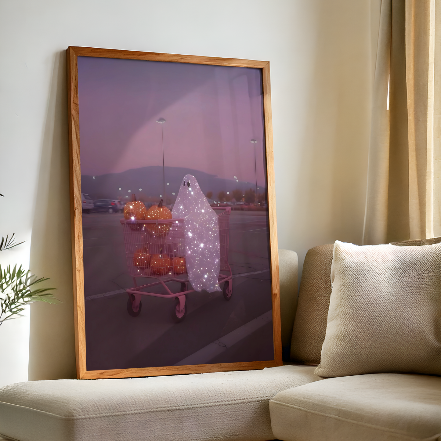 Retro Glitter Pink Ghost and Pumpkin Digital Print | Spooky Printable Photography Poster | Wall Art for Halloween Decor