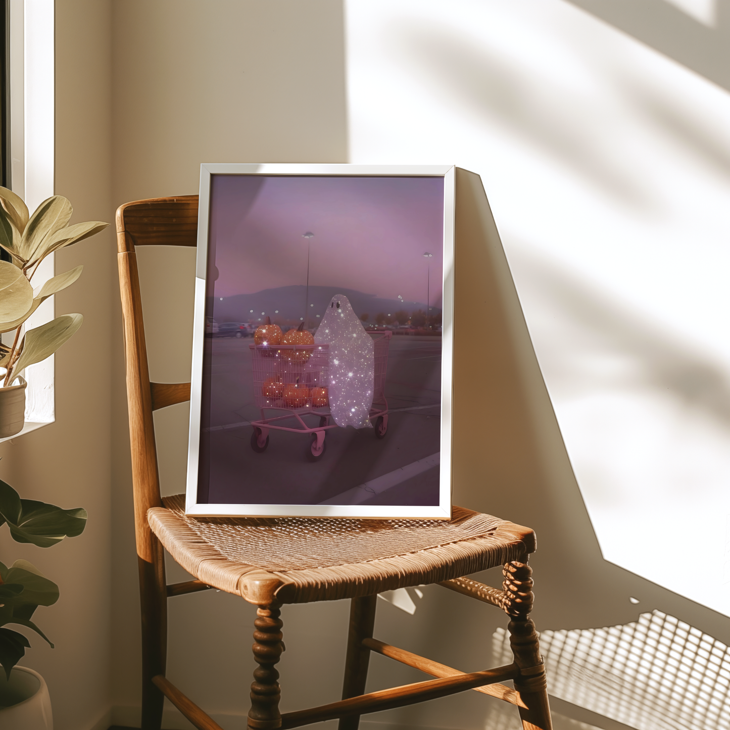 Retro Glitter Pink Ghost and Pumpkin Digital Print | Spooky Printable Photography Poster | Wall Art for Halloween Decor