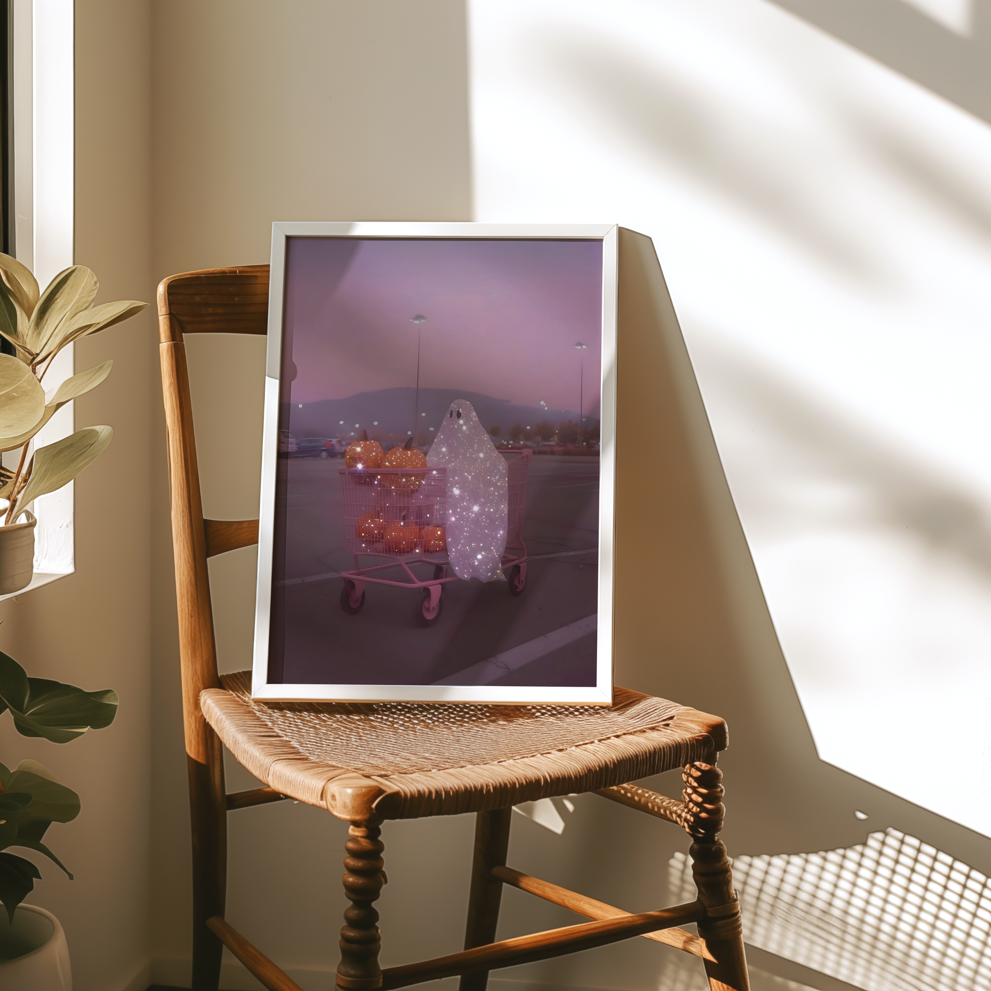 Retro Glitter Pink Ghost and Pumpkin Digital Print | Spooky Printable Photography Poster | Wall Art for Halloween Decor