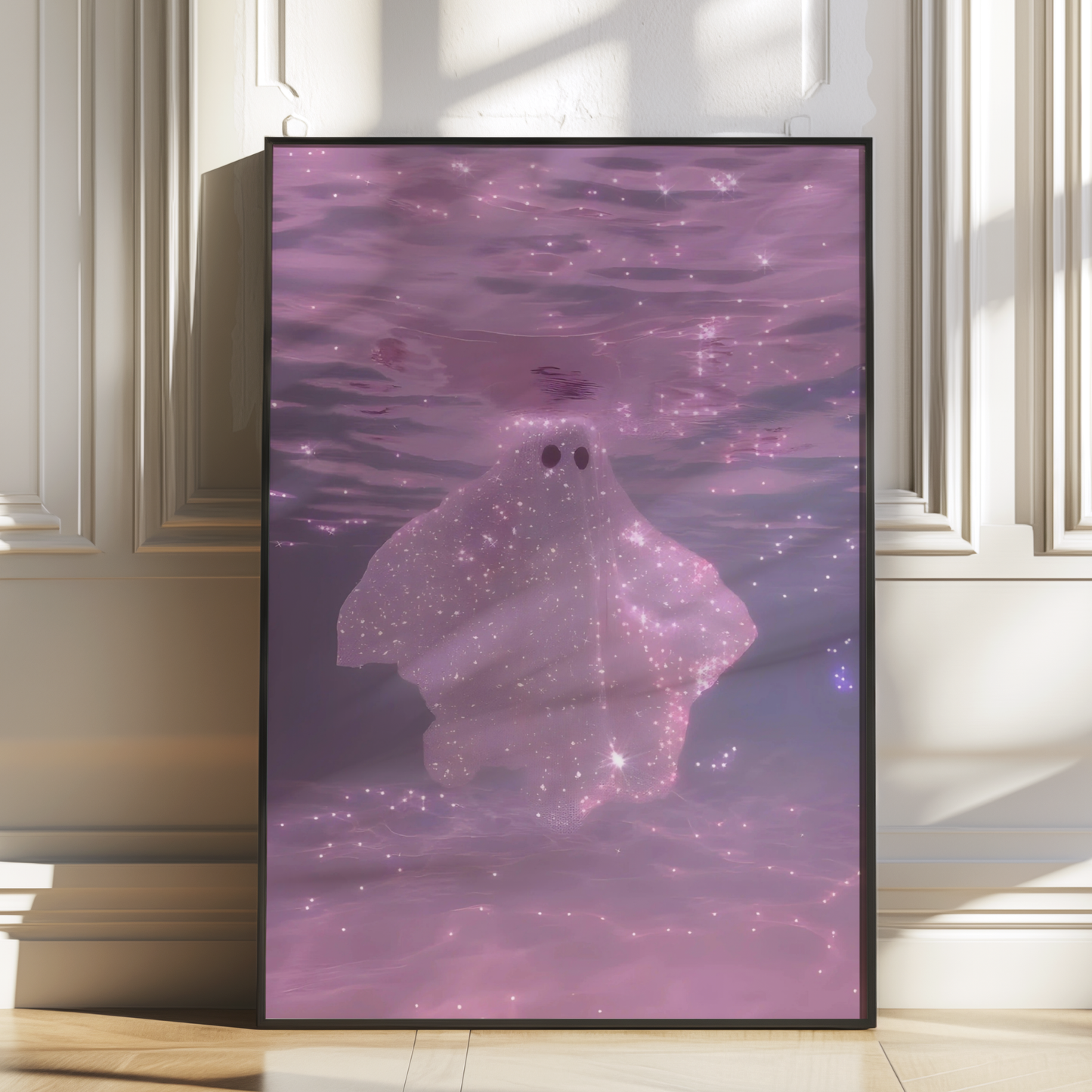 Retro Glitter Pink Ghost in a Pool Digital Print | Spooky Printable Photography Poster | Wall Art for Halloween Decor