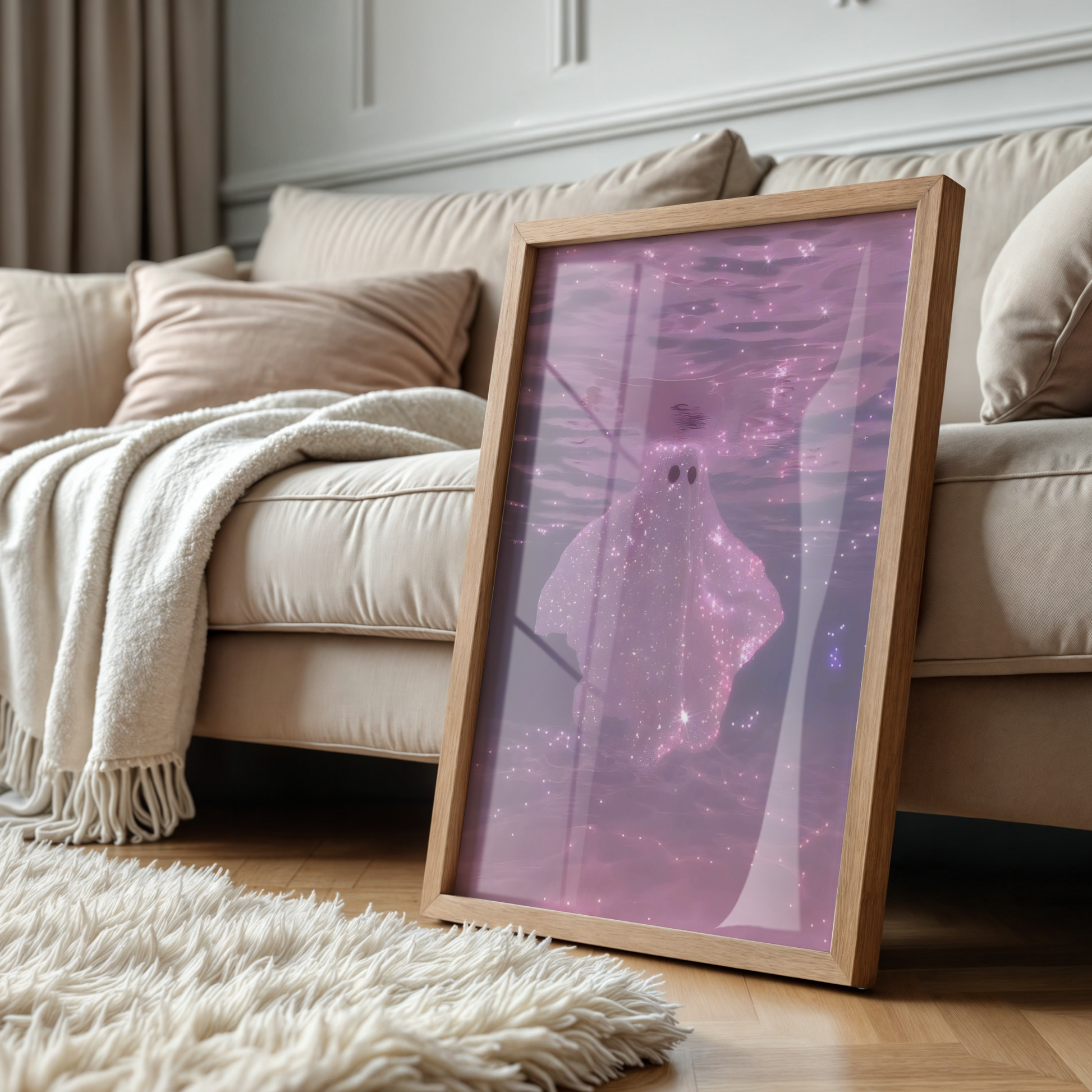 Retro Glitter Pink Ghost in a Pool Digital Print | Spooky Printable Photography Poster | Wall Art for Halloween Decor