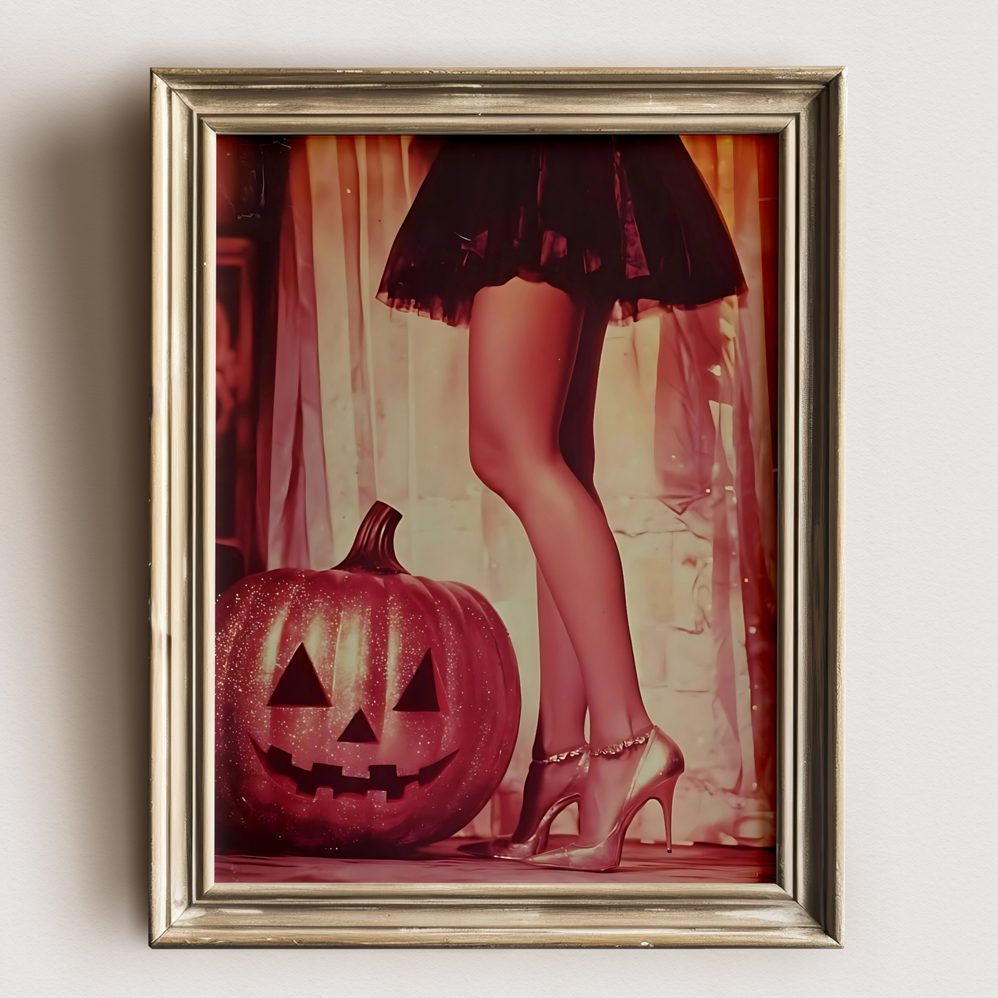 Retro Glitter Pumpkin and High Heels Digital Print | Spooky Halloween Printable Photography Poster | Wall Art for Vintage Room Decor