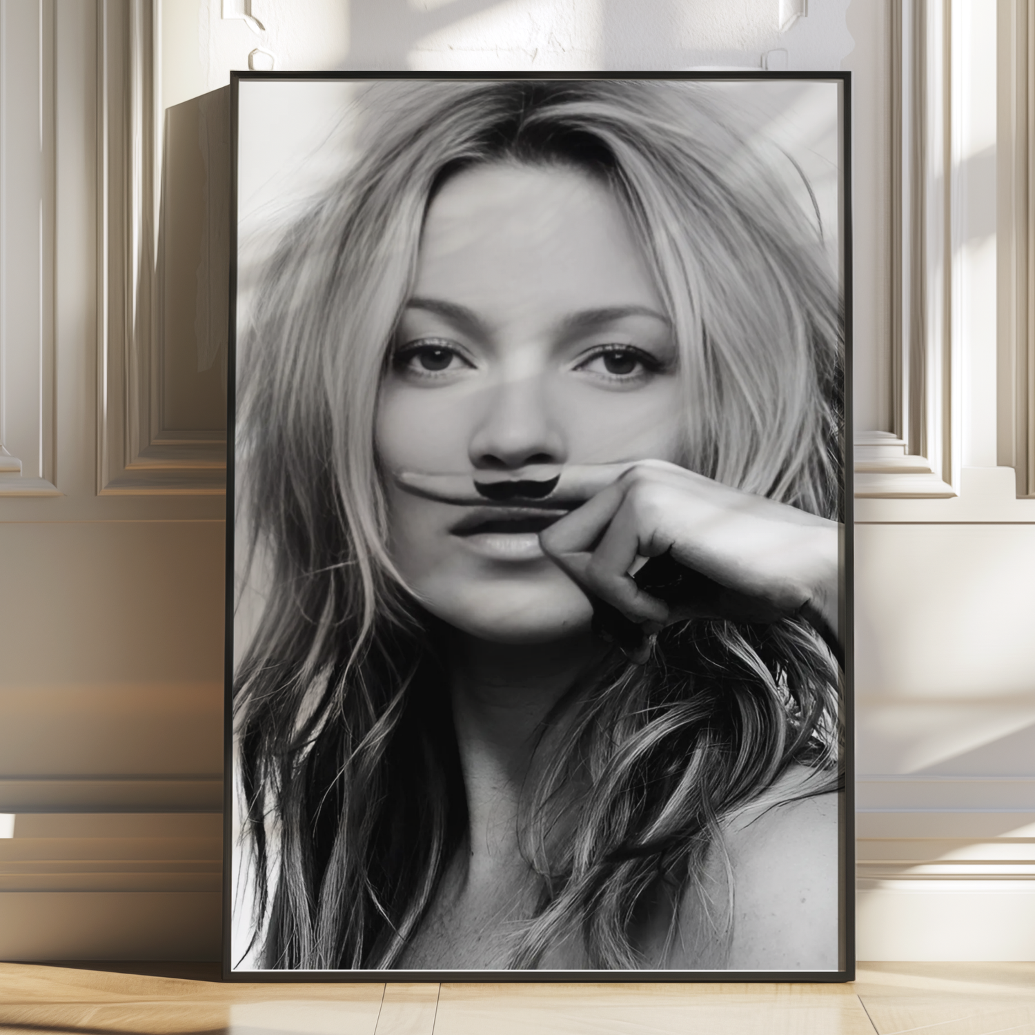 Retro Kate Moss Moustache Poster Prints | Girly Black and White Fashion Wall Art