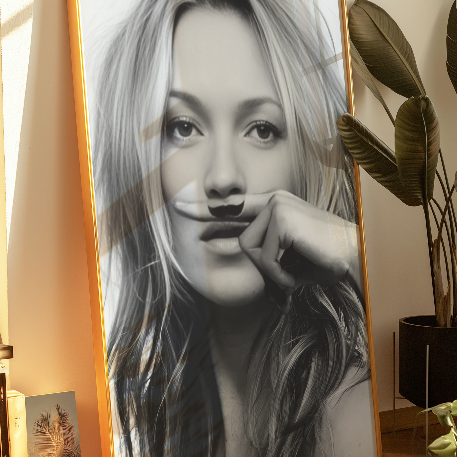Retro Kate Moss Moustache Poster Prints | Girly Black and White Fashion Wall Art