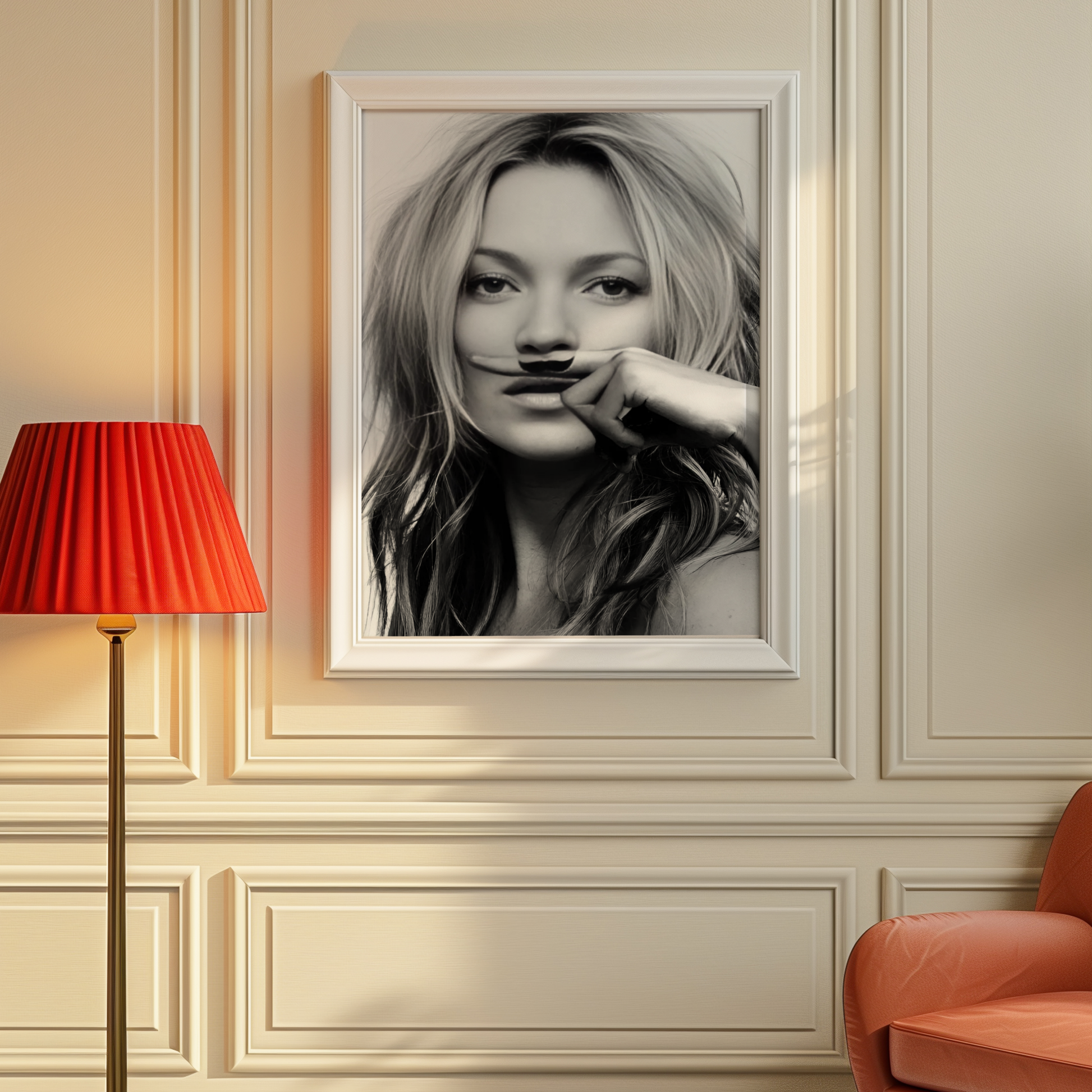 Retro Kate Moss Moustache Poster Prints | Girly Black and White Fashion Wall Art
